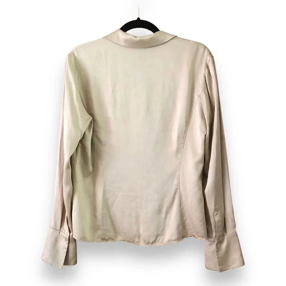 Lafayette 148 Light Tan Silk Charmeuse Button Up Long Sleeve Shirt Size 10 FLAW - Picture 2 of 6